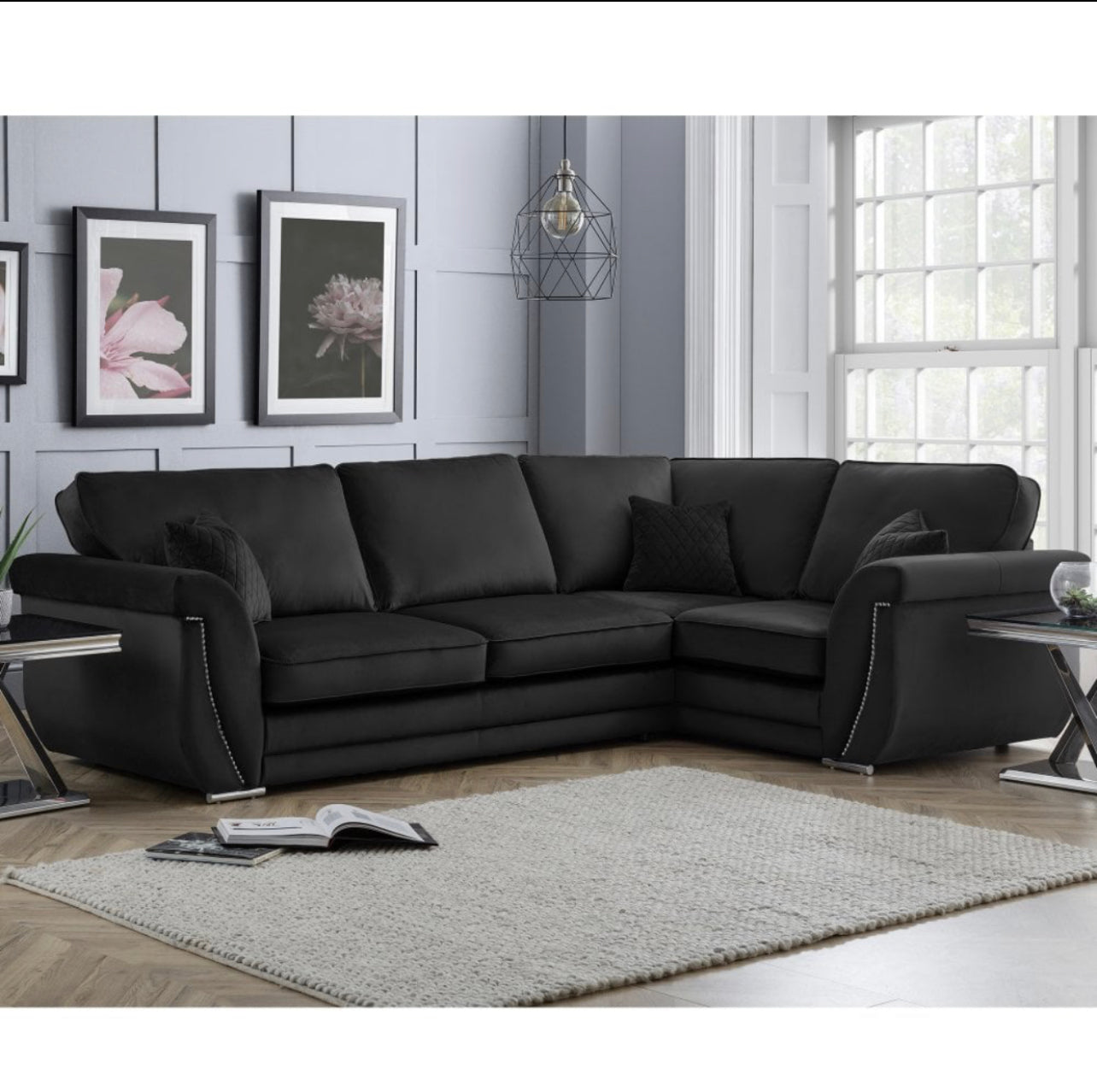 💥 Limited Stock 💥 Luxe Right Handed Fitted Back Corner Sofa - Plush Black Velvet (EDG-248464)